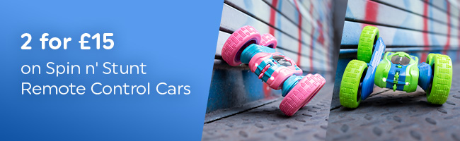 spin and stunt radio control cars on the blue background with promotion callout 