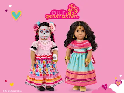 Our Generation dolls: one with sugar skull face paint and floral dress, another in a turquoise and pink embroidered dress with gold jewelry, on a pink background. Dolls sold separately.