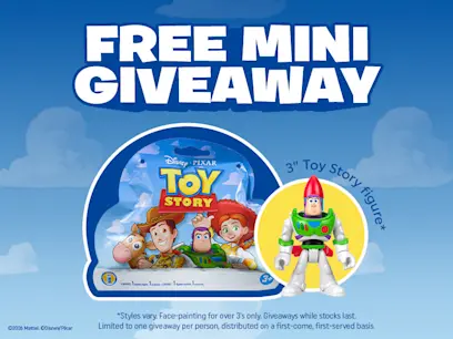 Toy story mini toy on a cloud themed blue background with white text. 