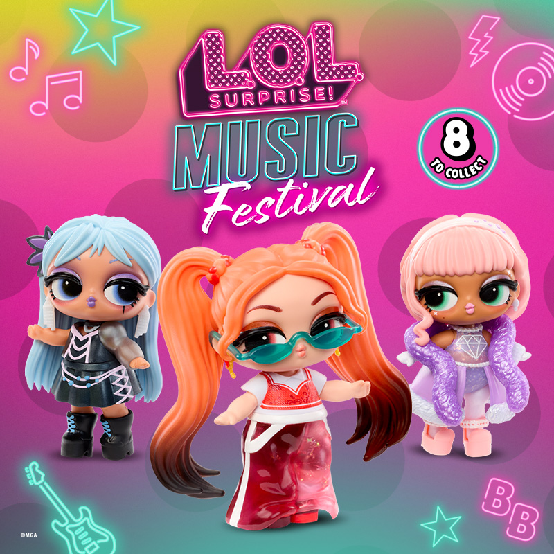 Three dolls from the LOL Surprise! Tots Music Festival Doll Blind Box Assortment on a bright music themed pink and green background.