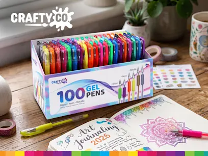 Crafty Co. display box containing 100 colourful gel pens in glitter, neon and metallic finishes, beside a decorated art journal with floral drawings, stickers and pens on a table.