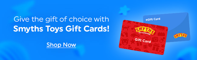 Blue promotional banner advertising Smyths Toys gift cards with the text “Give the gift of choice with Smyths Toys Gift Cards!” A physical gift card, eGift card, and “Shop Now” call to action appear on the right.