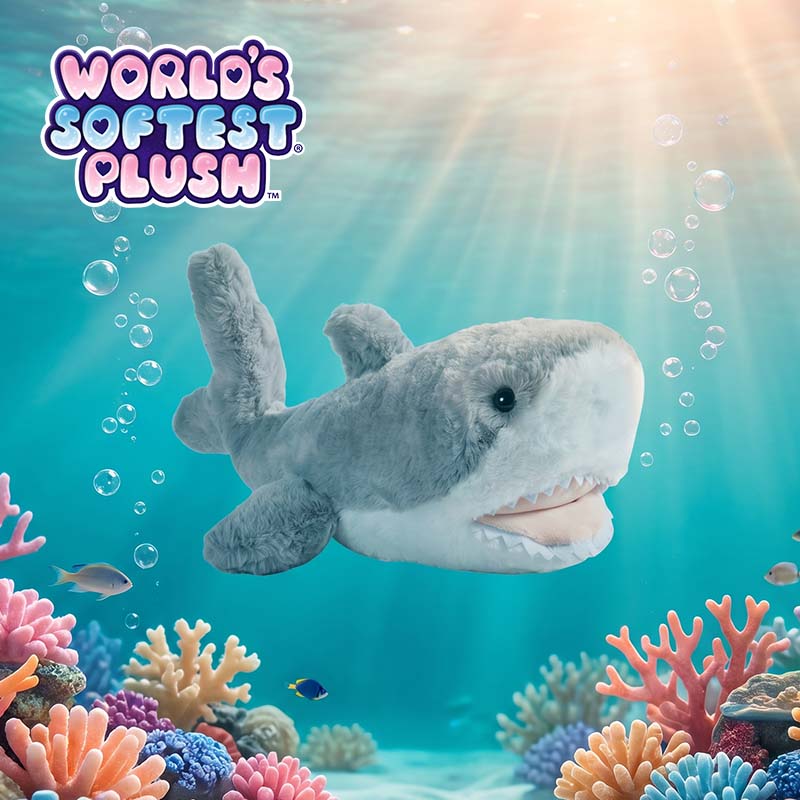 World's Softest Plush Waves the Shark Soft Toy on the blue background 