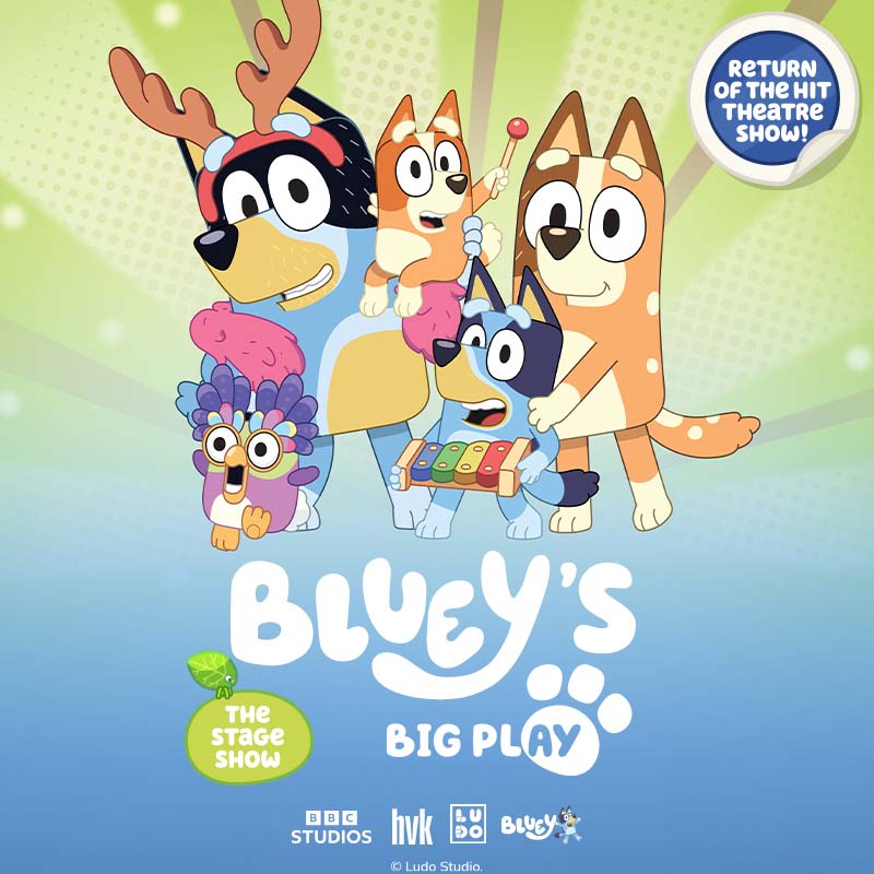 The Bluey family characters on the cartoon background with a logo for the Blueys Bluey Big Play Event Tickets 2026
