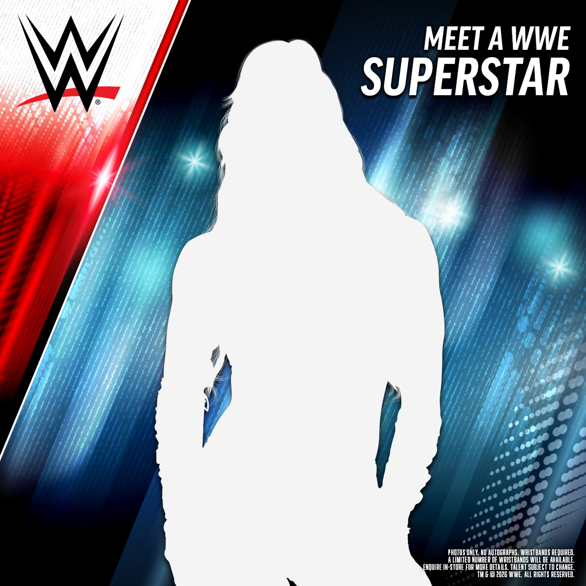 Silhouette of a WWE Superstar against a dynamic blue and red background. WWE logo on the left, text reads "Meet a WWE Superstar" on the right.
