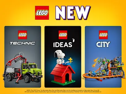 Three new LEGO sets are displayed: Technic with a green truck, Ideas featuring Snoopy on a red doghouse, and City with an underwater scene.