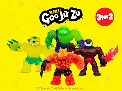 Four Heroes of Goo Jit Zu Singles toys on a yellow background.