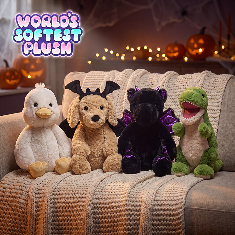 Selection of Halloween World's Softest Plush Toys on the Halloween themed background 