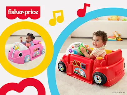 Fisher-Price promotional graphic showing two toddlers riding colorful push cars, one pink and one red, with musical note graphics and the Fisher-Price logo.