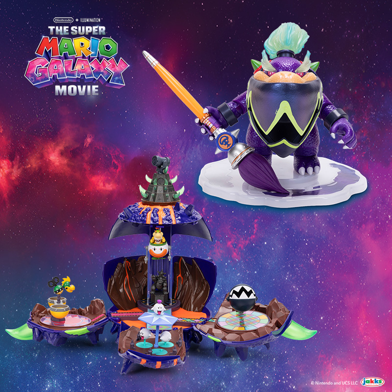 “The Super Mario Galaxy Movie” logo with a purple Bowser Jr. figure holding a paintbrush and a fold-out Bowser’s space fortress playset with small character figures, on a pink and purple galaxy background.