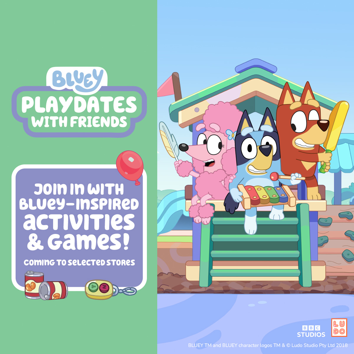 Bluey, Bingo and friends play on a playground. Text promotes “Bluey Playdates with Friends,” inviting families to join Bluey-inspired activities and games at selected stores.