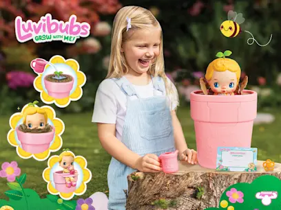 A smiling girl plays with a Luvibubs doll and pink planter toy outdoors. The image shows the doll growing from a flowerpot, with smaller illustrations demonstrating different play stages and a certificate beside the planter.