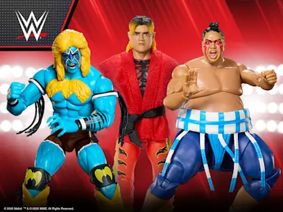 WWE promotional image showing three wrestling action figures posed in front of a red arena-style backdrop. Left: blue-masked wrestler with blond hair. Center: wrestler in a red robe. Right: sumo-style wrestler wearing blue-and-white gear.
