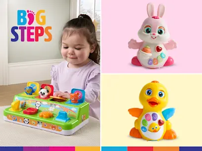 Promotional image for a children's toy set: a young child plays with a colorful animal-themed activity bench labeled "Big Steps." On the right, rabbit and duck character toys with light-up buttons are shown on pink and cream backgrounds.