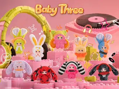 collection of  Baby Three KPop Remix Beat Vinyl Plush Blind Box Assortment on the pink background