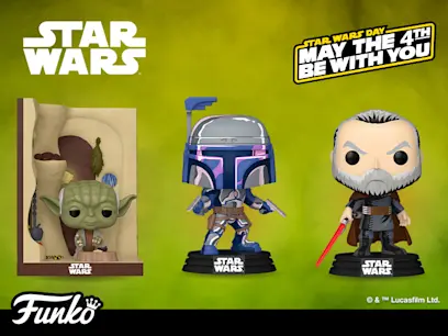 A selection of new Funko Star Wars figures on a dark background.