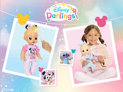 Both Disney Darlings Dolls Stitch and Minnie Mouse on a blue background.