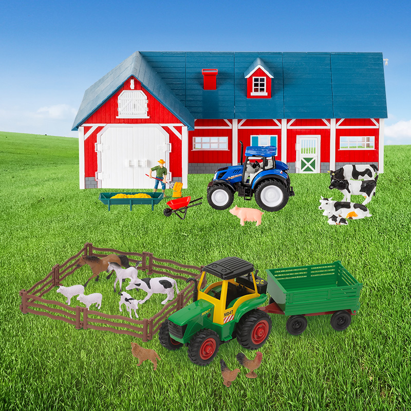 selection of farm toys on the green and blue background 