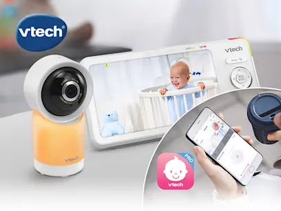 VTech RM5766HD Smart Wi-Fi Video Baby Monitor with 5 Inch Screen on a table