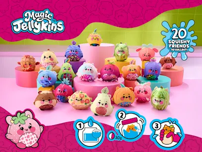 The Magic Jellykins Mystery Plush Toy Assortment on small pink podiums against a pink and green background.