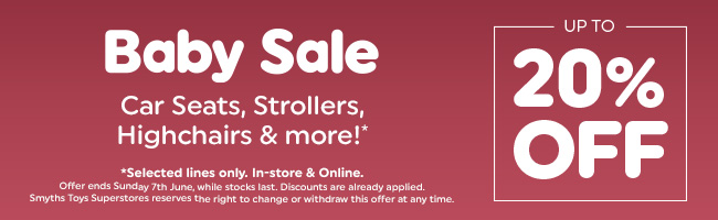 Baby Sale-  Up to 20% off selected Car seats, Strollers, Cots and much more! on the red background