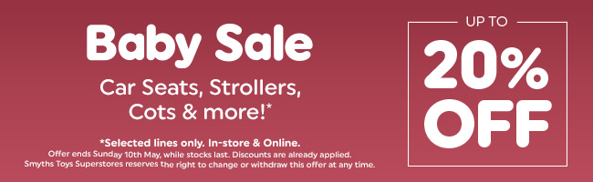 Baby Sale-  Up to 20% off selected Car seats, Strollers, Cots and much more! on the red background