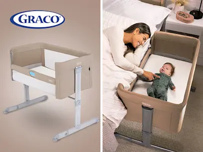 2 images of Graco Sweet2Sleep Bedside Crib Oatmeal on the brown background 