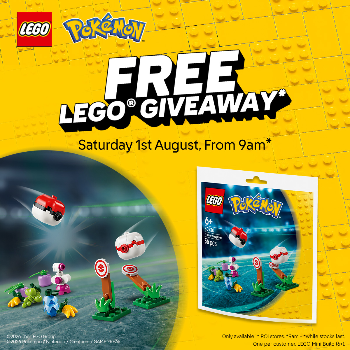 FREE LEGO® Pokémon GIVEAWAY on the yellow background