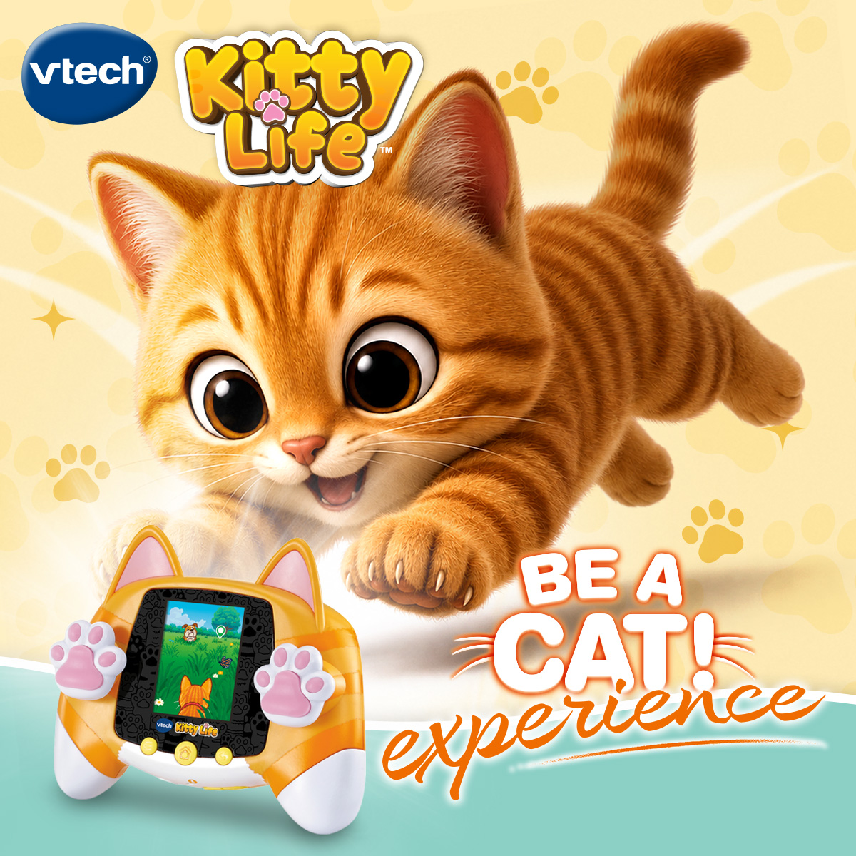 Promotional graphic for VTech Kitty Life featuring a playful orange kitten above a cat-shaped handheld virtual pet device. Text reads “Be a Cat! experience,” with paw prints and a soft yellow background.