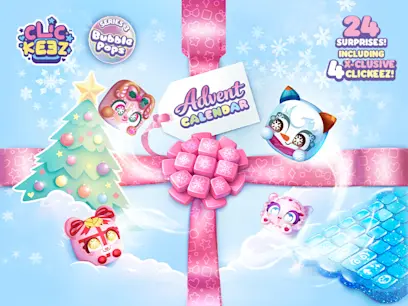 Clickeez Series 3 Bubble Pops Advent Calendar with 24 surprises including 4 exclusive Clickeez, featuring cartoon character keychains around a pink gift bow and Christmas tree.