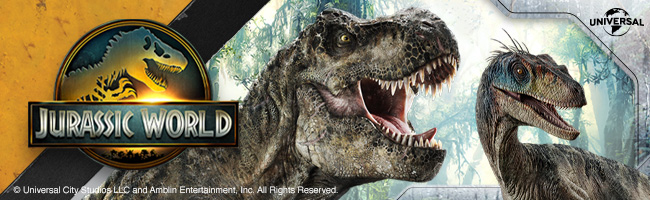Jurassic World Rebirth logo on a movie themed background with two roaring dinosaurs