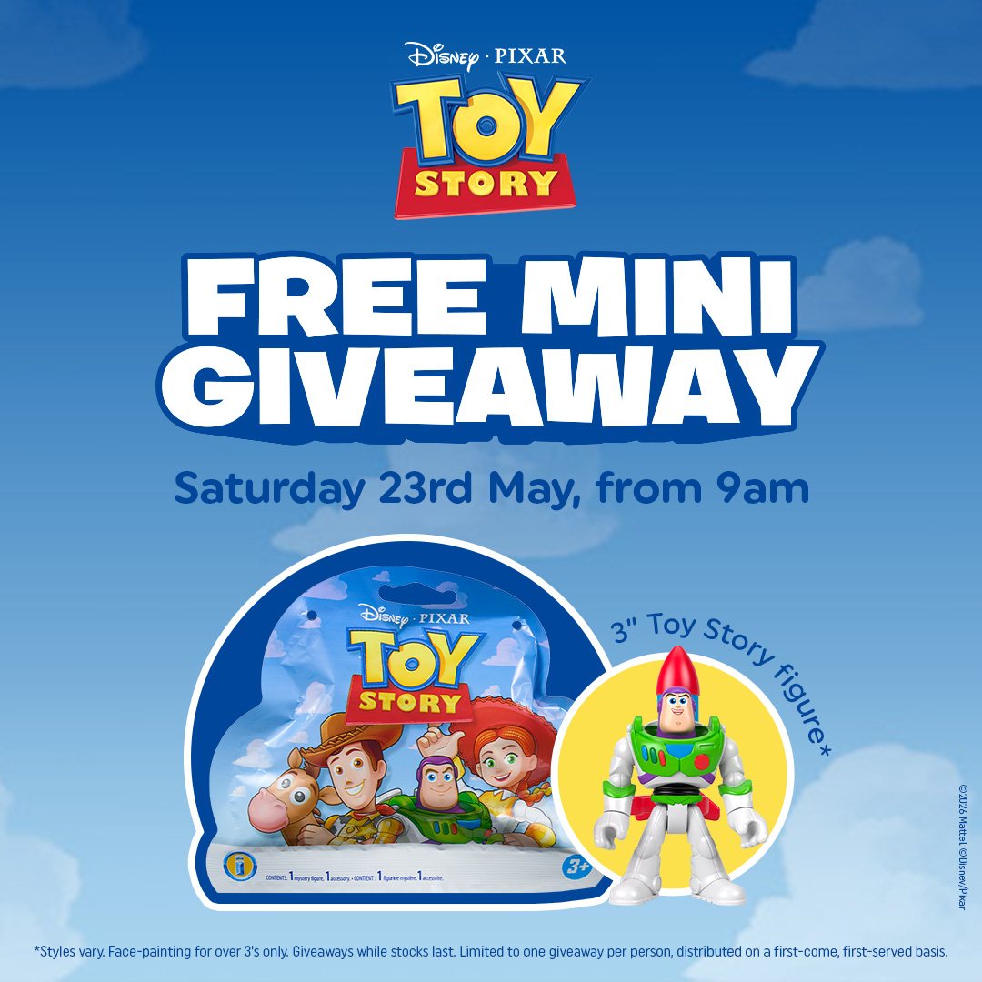 Toy Story-themed giveaway poster. Features a character figurine and details of the event on 23rd May from 9 am. Sky-blue background with clouds.