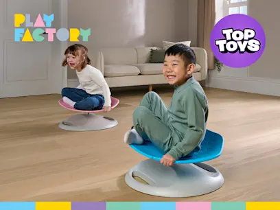 two different colour blue and pink of Play Factory Sensory Spinning Chairs and kids playing on the indoor background 