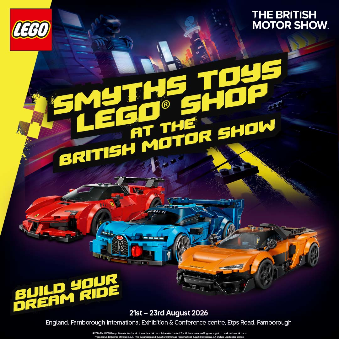 Promotional graphic for the Smyths Toys LEGO shop at The British Motor Show, 21–23 August 2026 in Farnborough. Features three LEGO racing cars in red, blue and orange, with the slogan “Build Your Dream Ride.
