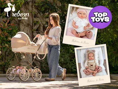 A kid pushing the Arias Reborn De Paris Doll Carriage Pram in the sunshine in a park with two insert images of the Lifelike dolls - Arias Reborn Doll 40cm Ariel & Noah