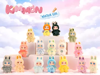 The Kimmon Mystery Box Plush Keyring Weather Code Assortment on a cloudy colour background