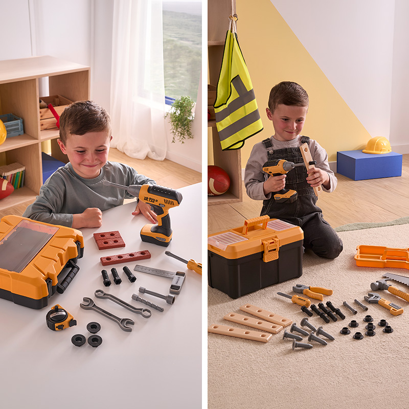Two children play with a MasterTool toy tool set, using toy drills and assembling pieces with screws, bolts and wrenches. The split image shows a portable toolbox and a range of colourful tools and accessories.