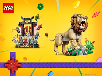 LEGO Ninjago temple playset with minifigures and a detailed lion model, on a yellow background with a purple LEGO brick ribbon and red bow.