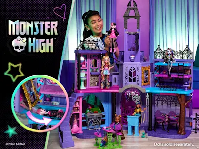 "Monster High" logo beside a girl holding a doll next to a purple multi-level dollhouse with staircase, furnished rooms, and several dolls; inset shows a hidden rotating wall feature. Dolls sold separately.