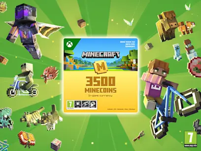 Microsoft Minecaft Minecoins pack surrounded by minecraft characters on a green background.