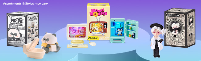 Promotional banner displaying assorted collectible blind box toys and miniature figures in their packaging, including animal, doll, and tiny room themes, against a purple-to-blue gradient background with “Assortments & Styles may vary” text.