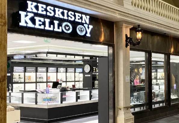 An entrance to keskisen kello store inside a mall