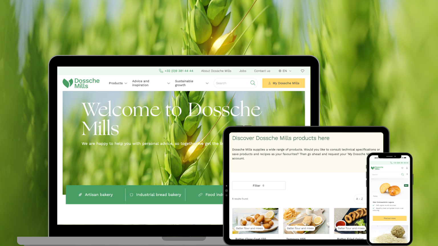 A laptop, tablet and phone mockup showing the new Dossche Mills website homepage and product overview page