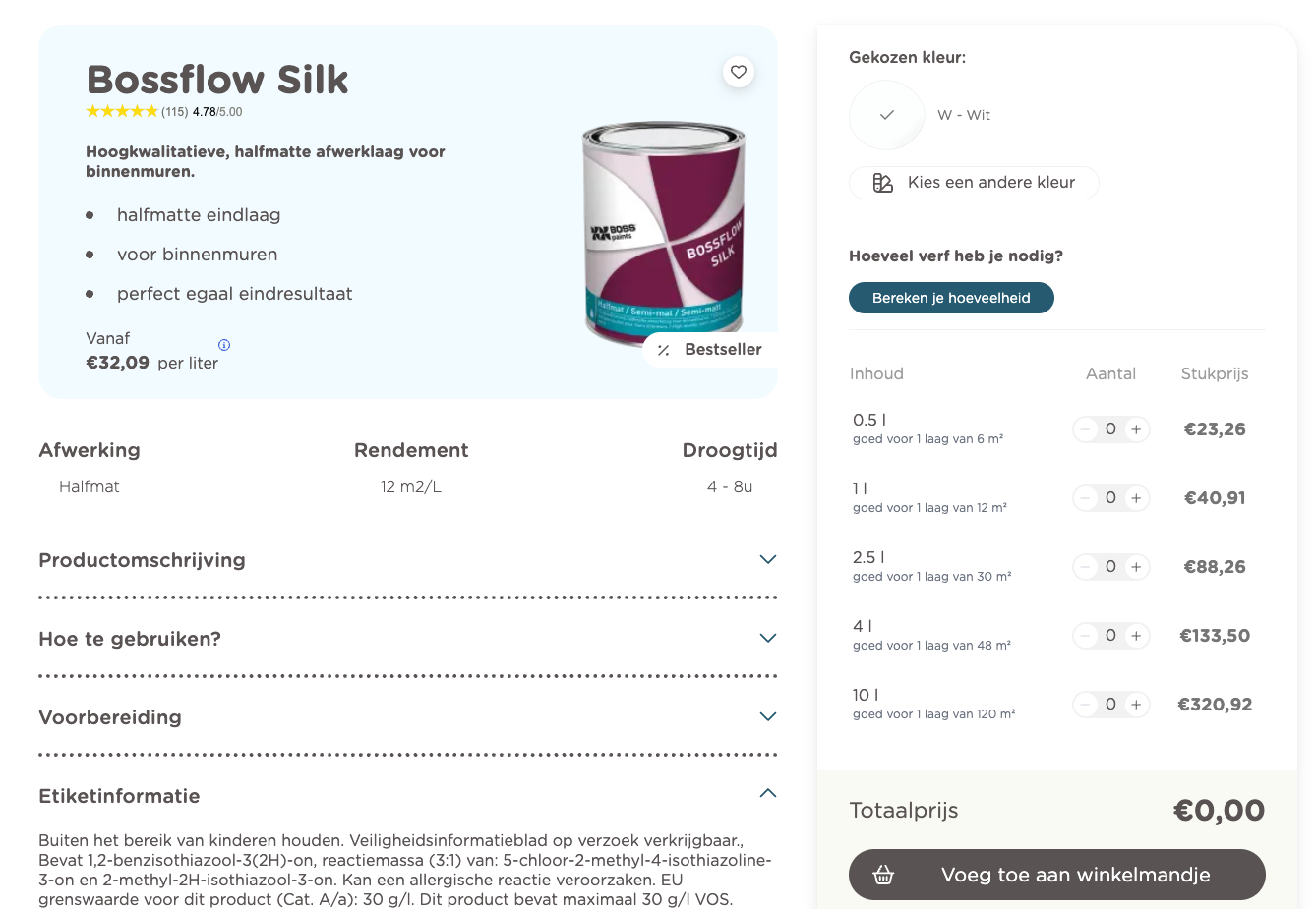 Screenshot of the Boss Paints Bossflow Silk product detail page showing product information, pricing, and purchase options