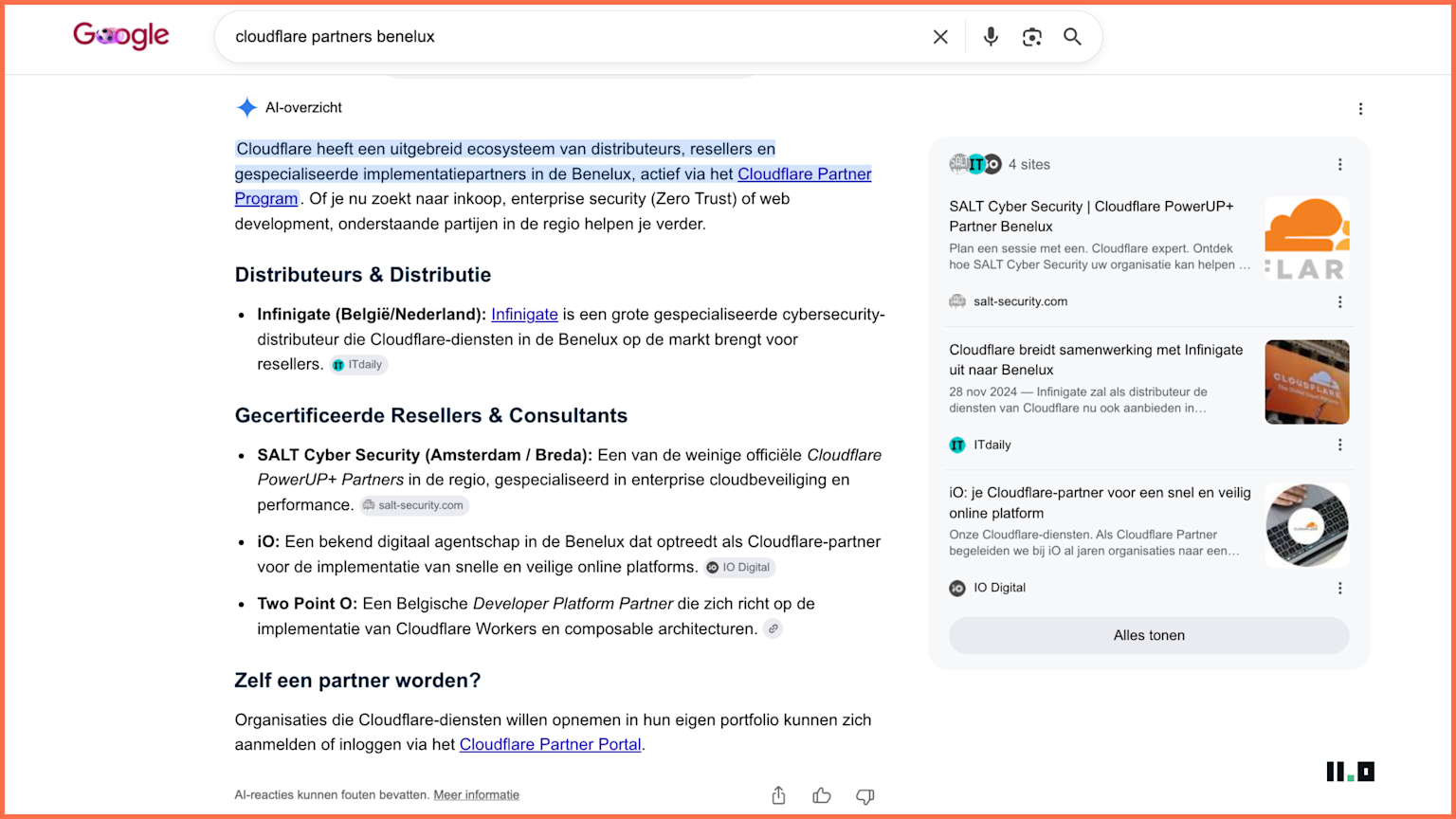 Screenshot of Two Point O showing up in the AI overview for "Cloudflare partner Benelux"