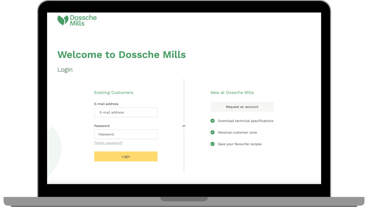 Mockup of a laptop showing the Dossche Mills client portal login that we've built