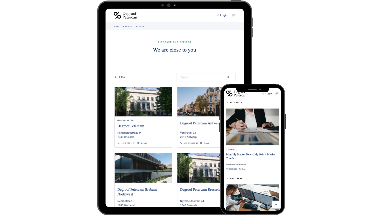 Mockup of a table showing the Degroof Petercam office overview, and a mobile phone showing the Blog overview page