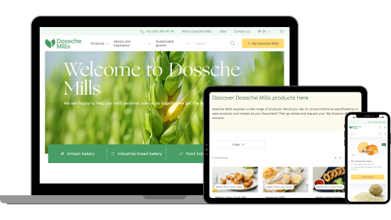 Mockup of a laptop, tablet and phone showing the Dossche Mills homepage and product overview pages that we've built