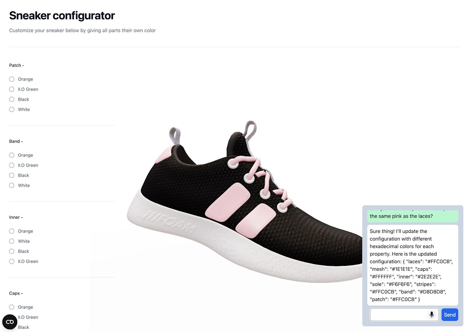 Screenshot of our sneaker configurator that can be used via voice assistant and conversational assistant