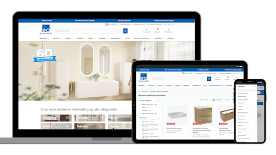 This is a visual of the X2O Badkamers homepage, navigation and product detail page. 
